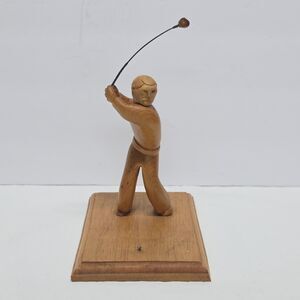 Vintage 80s GOLFER Wooden Figurine Sculpture Handcarved Gift